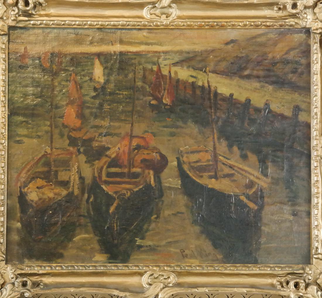Paul KING: Boats at Dock - Oil on Canvas: Framed oil on canvas depicting boats in a dock, signed at center bottom "Paul King". [Art: 15 x 19 inches; Frame: 19 x 23 inches]. Craquelure and yellowed varnish.