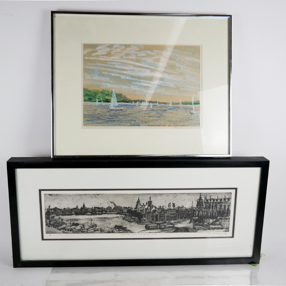 Two Framed Works- Sailing, City: Two framed works: 1) Jacqueline Ledoute, Northport Harbor, Long Island, pastel. 1980. [Art: 9 x 13 inches; Frame: 16 x 20 inches]. 2) Raymond Martin, City Scene, print. [Art: 4 x 21 inches; Frame: 13