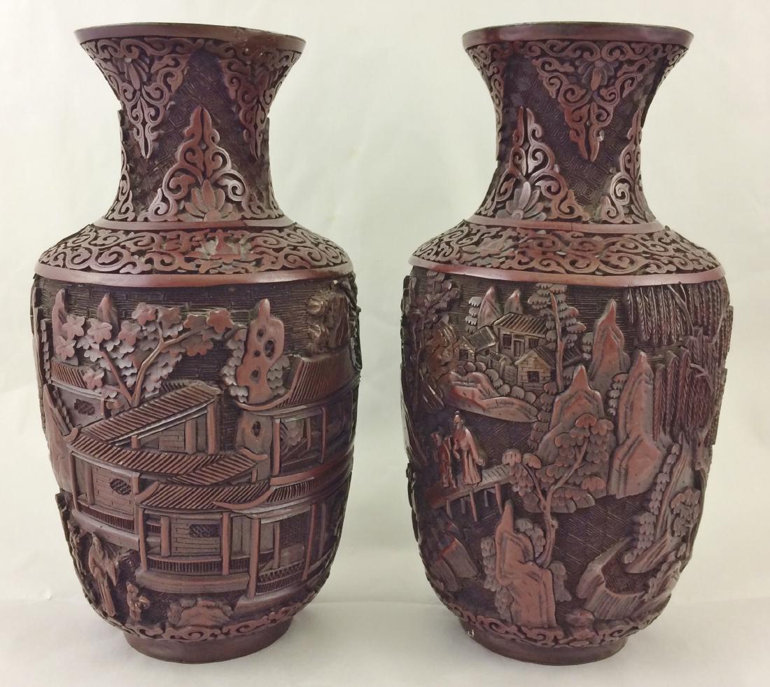 Pair Chinese Cinnabar Vases, Possibly Kang Hsi (1 of 11)