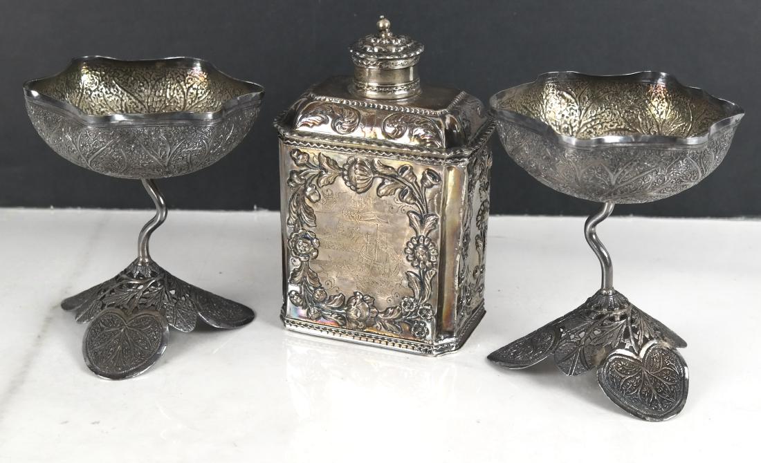 Pair Indian Silver Sherbet Cups and Silver Flask (1 of 11)