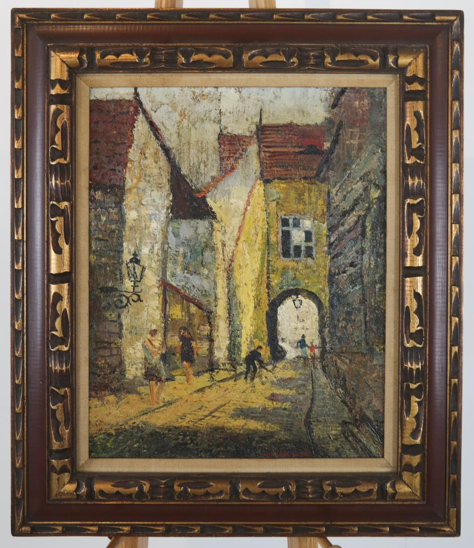 L.S. LOWRY (1887-1976): English Village - Oil: Oil on burlap of figures in a village, signed lower right in red. [Art: 20 x 16; Frame: 24 x 28 inches].