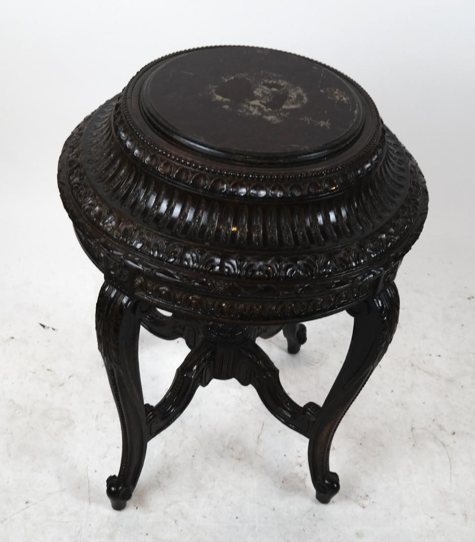 French-Style Decorated Gueridon/Stand: French-style decorated gueridon/stand, with relief and etched design throughout. [28 1/2 x 22 (dia) inches]. Top worn.