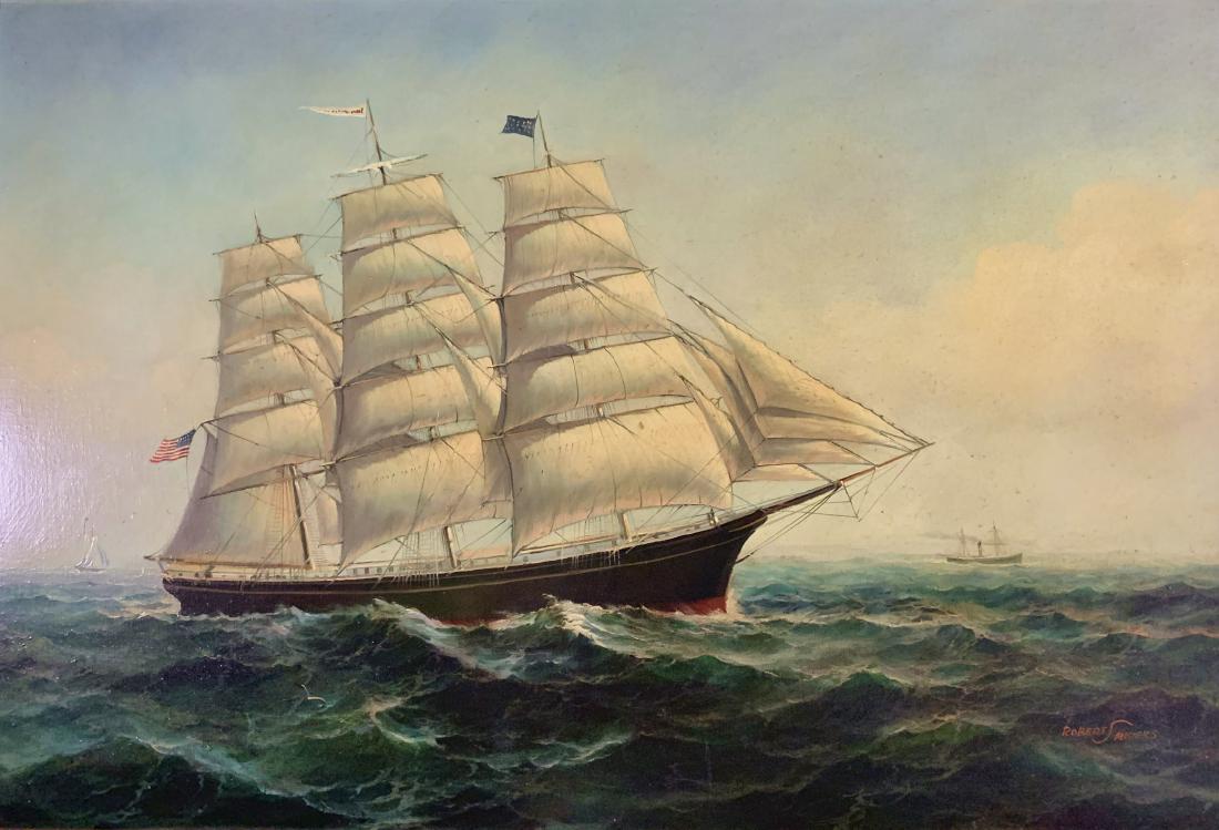 SANDERS: Antique Oil Painting Merchant Sail Ship (1 of 10)