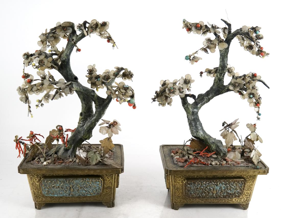 Pair of Chinese Hardstone Trees in Brass Pots (1 of 8)