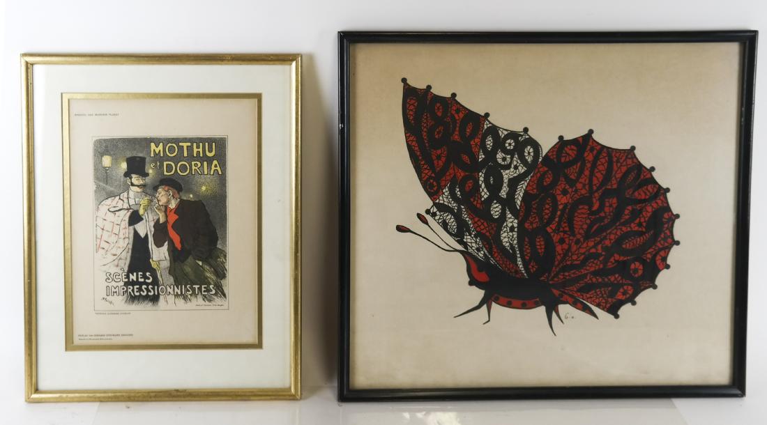 Two Prints: Mothu et Doria and A Butterfly: Two prints: 1) Mothu et Doria by Theophile Alexandre Steinzen, and 2) a butterfly by Gio. [Art: 15 1/2 x 12 1/2 inches; Total frames: 16 3/4 x 19 inches].
