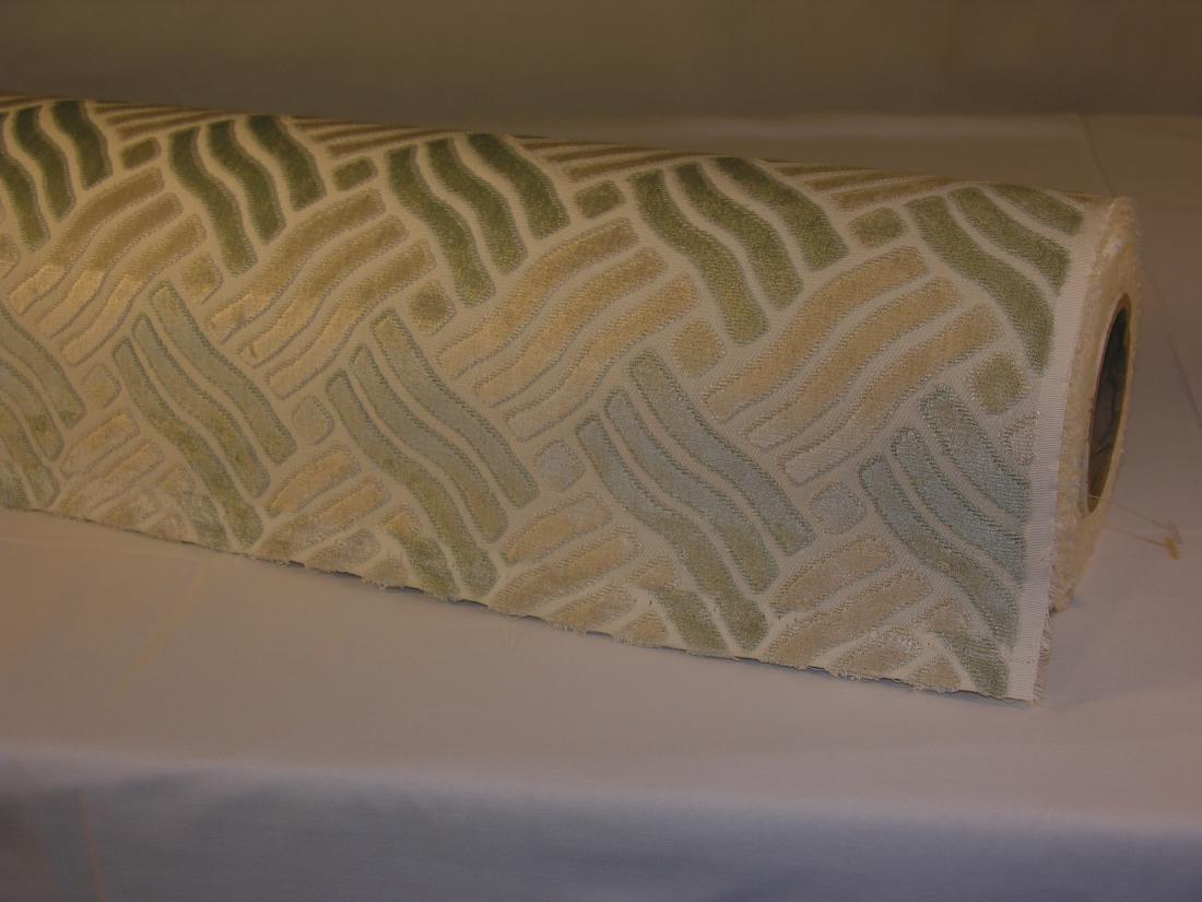 FRET'S Deco Style Figured Velvet in Platinum: 28 1/2 yard bolt of FRET'S "Ondule Rayure" velvet, #70-1, a viscose and cotton, colorwway platinum and aqua upholstery weight. Inspired by Deco period motifs, the 54 inch wide jacquard velvet has repe