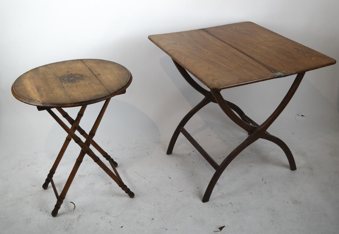 Two Antique Valet Butler Stands: Two foldable valet butler stands. [42 x 29 x 32 inches; 33 1/2 x 23 1/2 (dia) inches].
