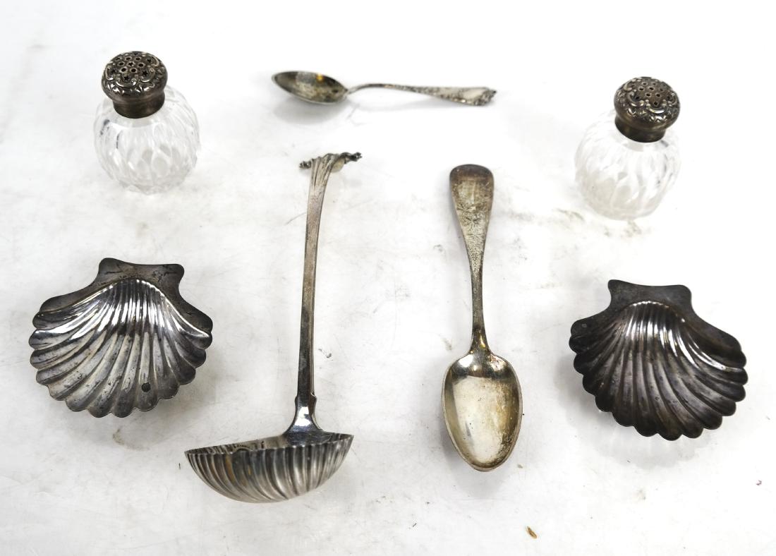 Lot of Sterling Silver, Including Salt Shakers: Lot of sterling silver, including glass and silver salt shakers and others items, by makers including Gorham and Philip Oriel. In good condition.