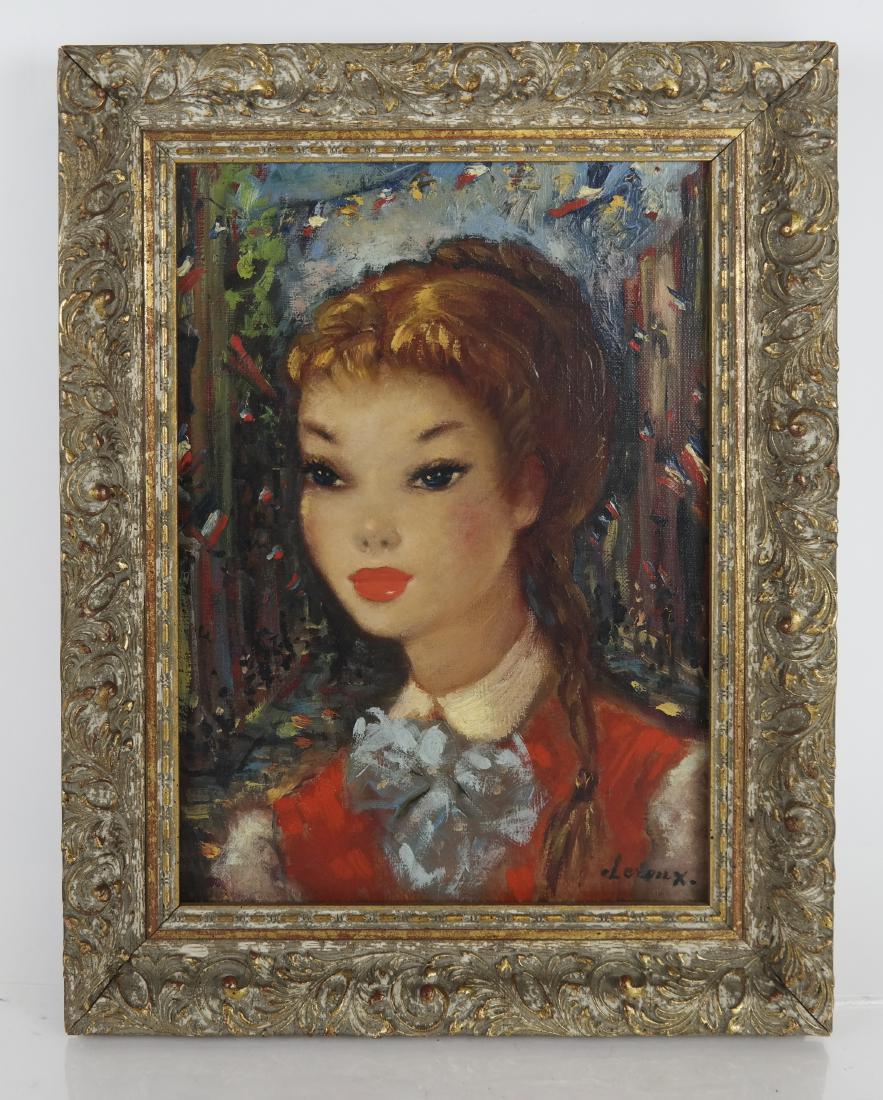 LEROUX: Portrait of A Girl - Oil on Canvas: Oil on canvas portrait of a girl, framed, signed "Leroux" lower right. [Art: 13 x 9 1/2 inches; Frame: 16 x 12 1/2 inches]. In good condition.