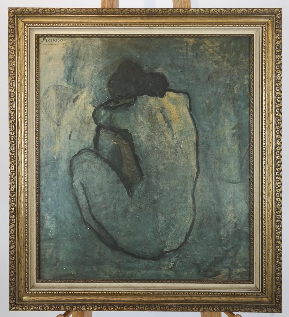 Framed Picasso Print: "Nu De Dos Assis": Vintage framed print of a Picasso blue nude, 1902. [Art; 22 x 10 1/4 inches; Frame: 26 x 23 1/4 inches]. Minor losses, minor paint spatter.