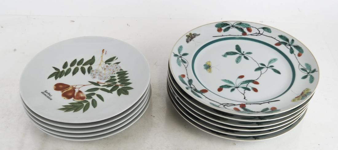 Mottahedeh and Lourioux: 13 Porcelain Plates: Seven Mottahedeh, Portugal, floral decorated plates and six Lourioux, France, plates. [7 1/2-8 1/2 (dia) inches]. One Mottahedeh is chipped; in overall good condition.
