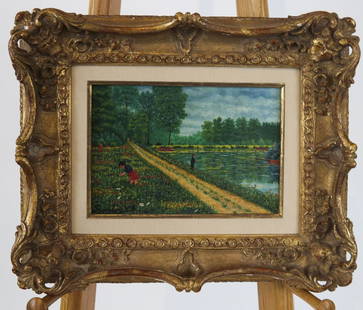 Camille BOMBOIS: "Lake View" - Oil on Canvas: Impressionist-style scene of a girl in a garden and a person fishing. [Art: 7 1/4 x 10 1/4 inches; Frame: 14 x 17 1/2 inches]. In good condition.