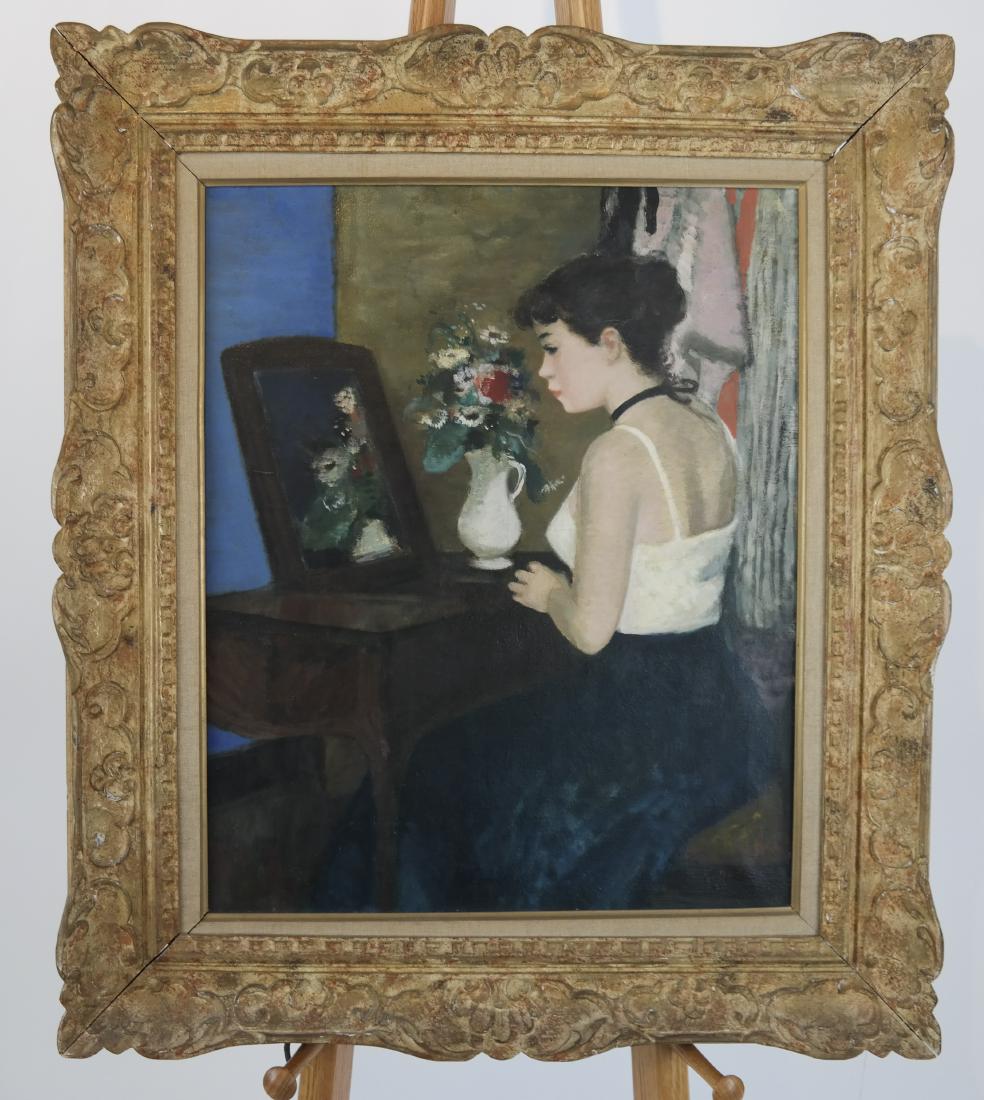 Francois GALL: Girl at Desk - Oil on Canvas: A framed painting of a girl seated at a desk. [Art: 24 x 20 inches; Frame: 33 x 28 inches]. In good condition.