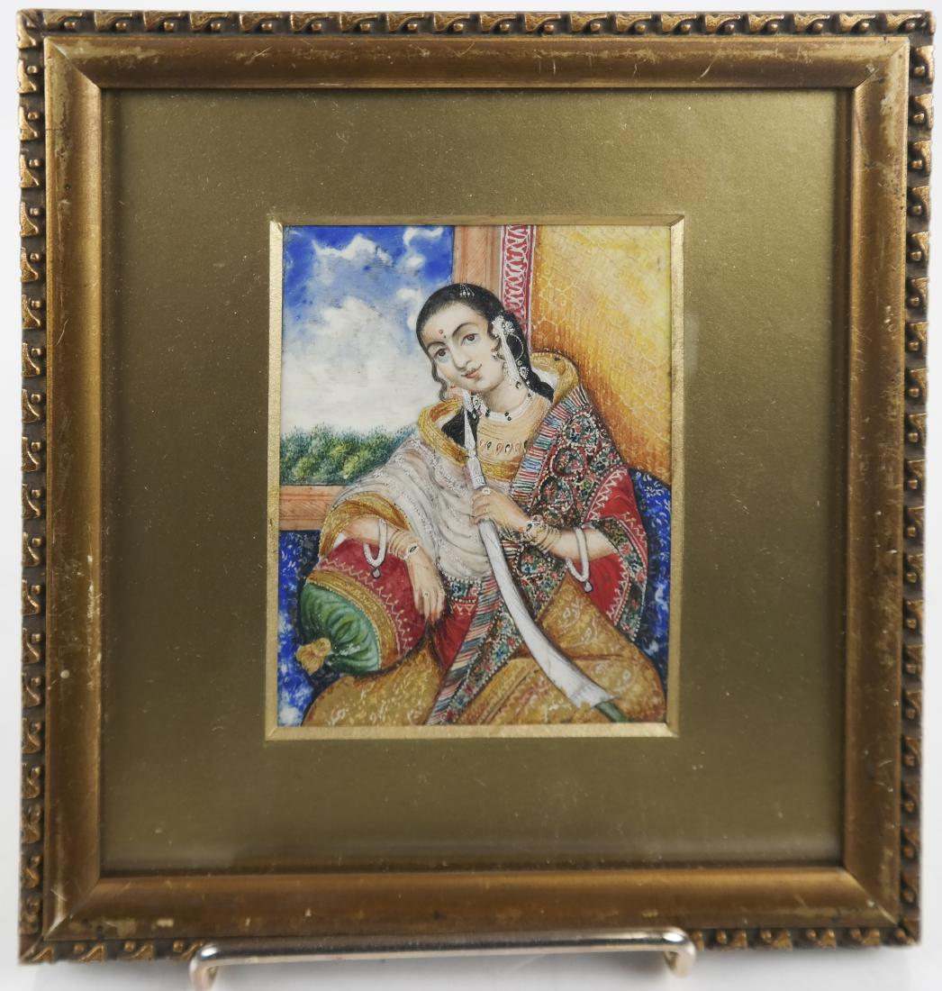 Indian Miniature Painting of Mughal Princess: High-quality Indian miniature with gold paint highlights of a princess in a dress. [Image: 2 3/4 x 3 1/2 inches; Frame: 6 1/2 x 6 1/4 inches].