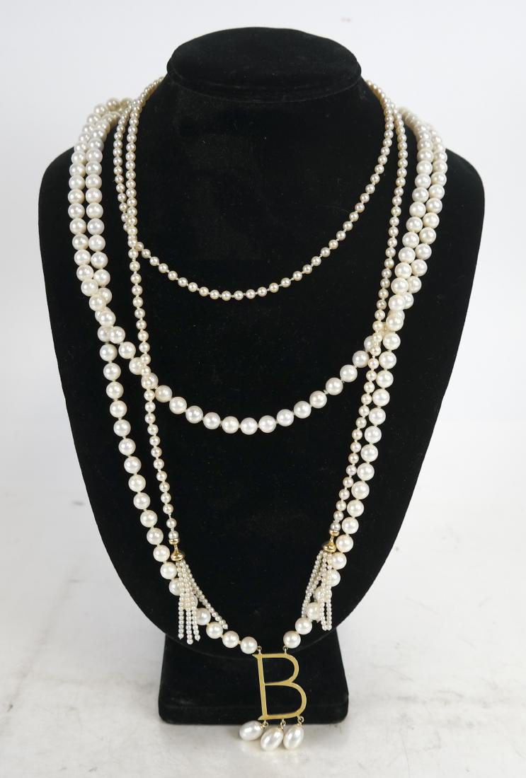 Angela Cummings: Vintage Pearl Necklace, Another: An Angela Cummings for Tiffany 1970s pearl necklace, with a "B" pendant, together with a pearl rope with tassels. In good condition.