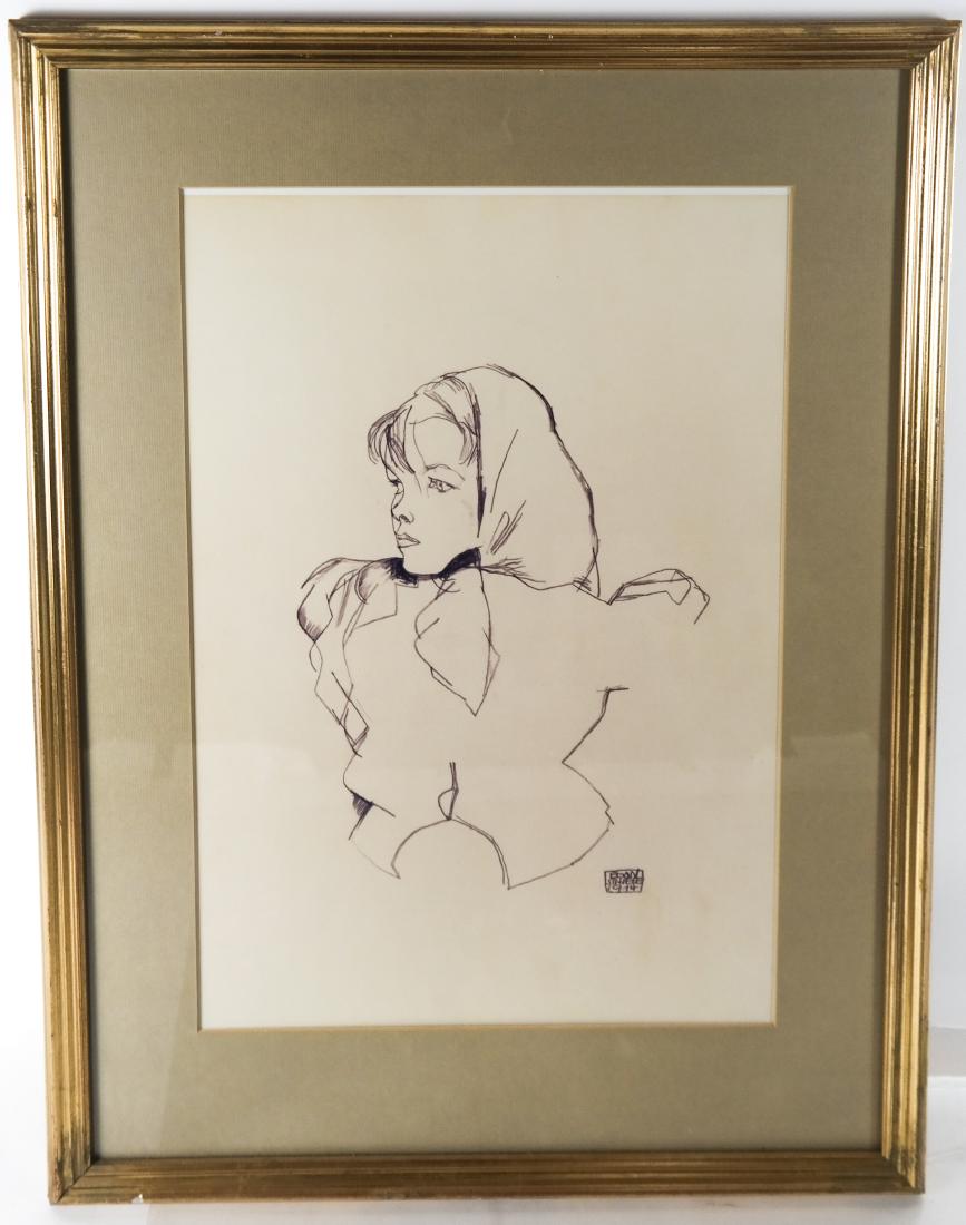 Style of Egon Schiele - Girl with Scarf Drawing (1 of 5)