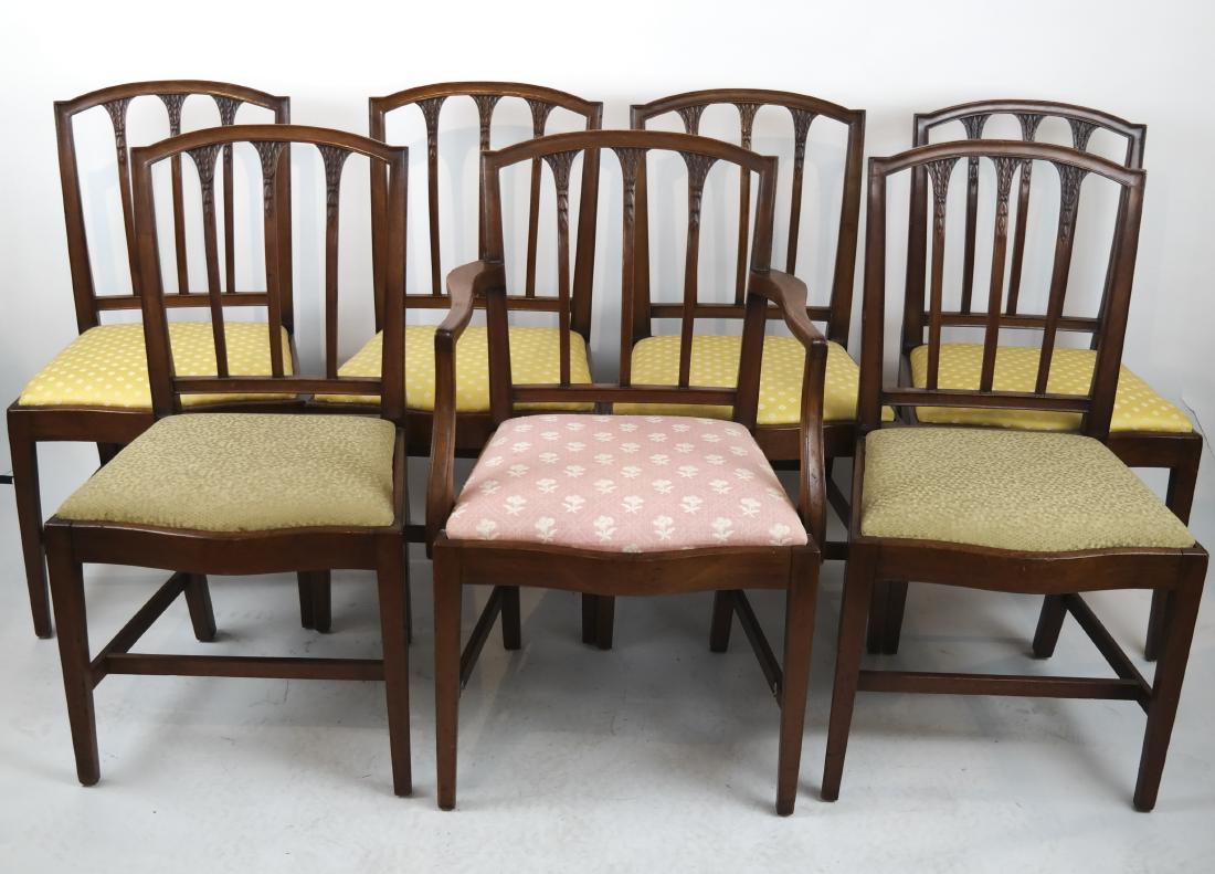 Seven Federal-Style Dining Chairs: Seven open, vertical slat-back dining chairs. Retailed by W. & J. Sloane, NYC. [36 1/2 x 18 inches]. In overall good condition.