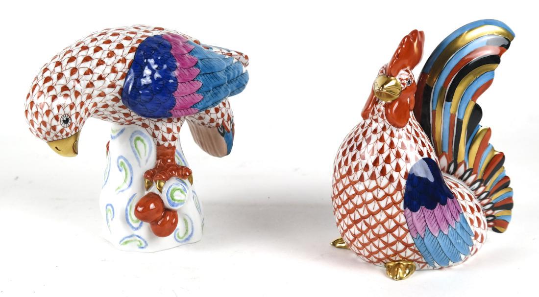 Herend Porcelain Parrot, Chicken: Two Hungarian porcelain sculptures, Herend. [5 1/2 x 6 inches]. In good condition.