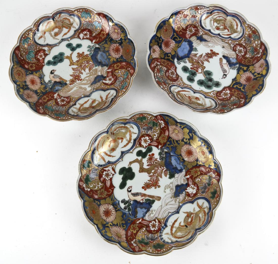 Three 18th Century Japanese Imari Bowls: Three antique Japanese porcelain bowls, scallop design. [9 1/2 (dia) inches].
