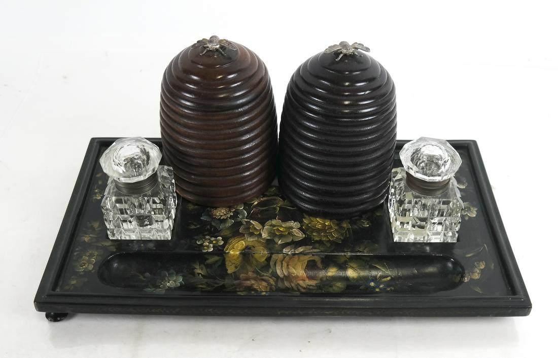 English Lacquer Inkwell and 2 Canisters (1 of 8)
