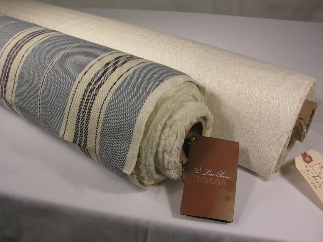 Loro Piana, Holland and Sherry Natural Fiber Combo: Two large bolts of companion fabrics, a stripe and a diamond, comprising: 1) 24 1/4 yards of Loro Piana timeless blue and ivory warp stripe, "Devondale", #AL2010-001, in "D. Indigo". The 61 1/2" width