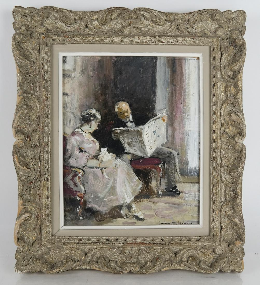 Jules Rene HERVE: Reading the Newspaper - O/B: Jules Rene Herve (French, 1887-1981) Impressionist-style oil on board painting of a man and woman in a sitting room, signed "Jules R. Herve" lower right, in period wood frame. [Art: 10 5/8 x 8 5/8 inc