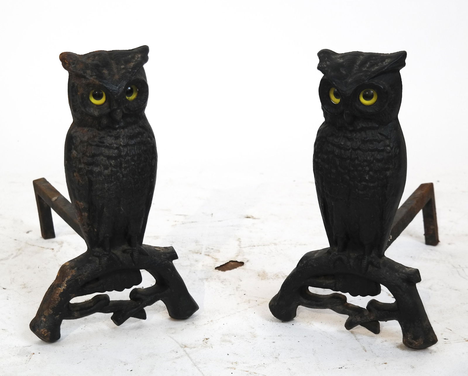 Pair Antique Owl Andirons w/ Glass Eyes (1 of 4)