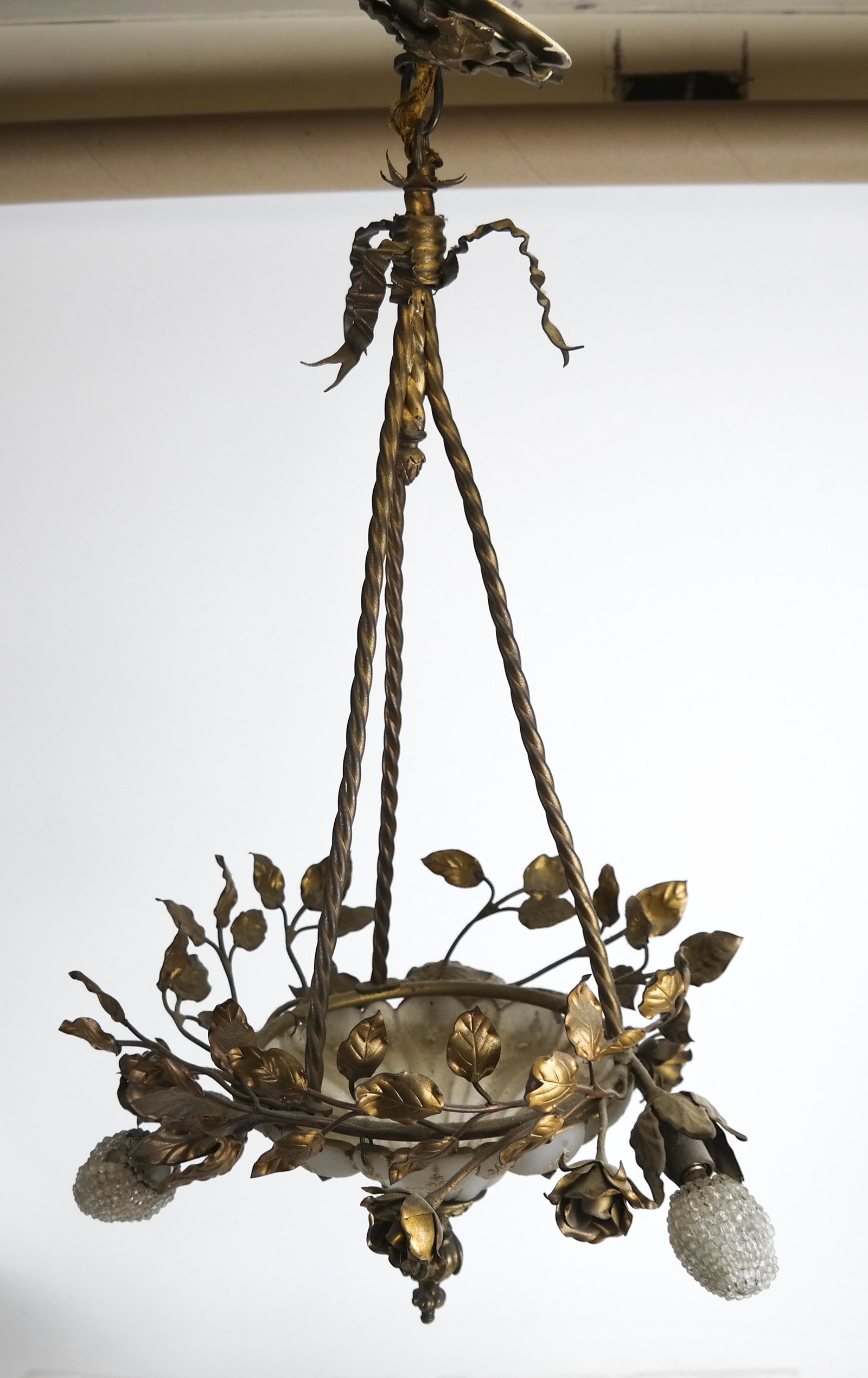 Floral and Opaline Three-Light Chandelier: Gilt metal (tole) leaf, floral-form fixture, opaline shade. [24 x 14 (dia) inches].