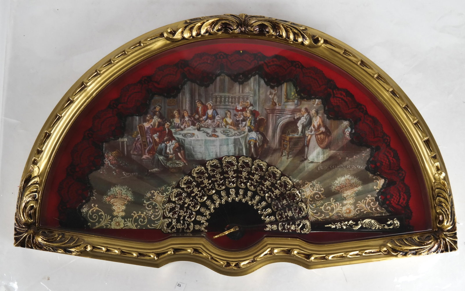 Scenic Printed Fabric Fan, Spanish, Framed: Scenic printed fabric fan, Spanish,with lace edge and foil accents on handle, in a plastic frame. [Fan: 9 x 17 1/2 inches; Frame: 1 3/4 x 13 x 22 inches]. In good condition.