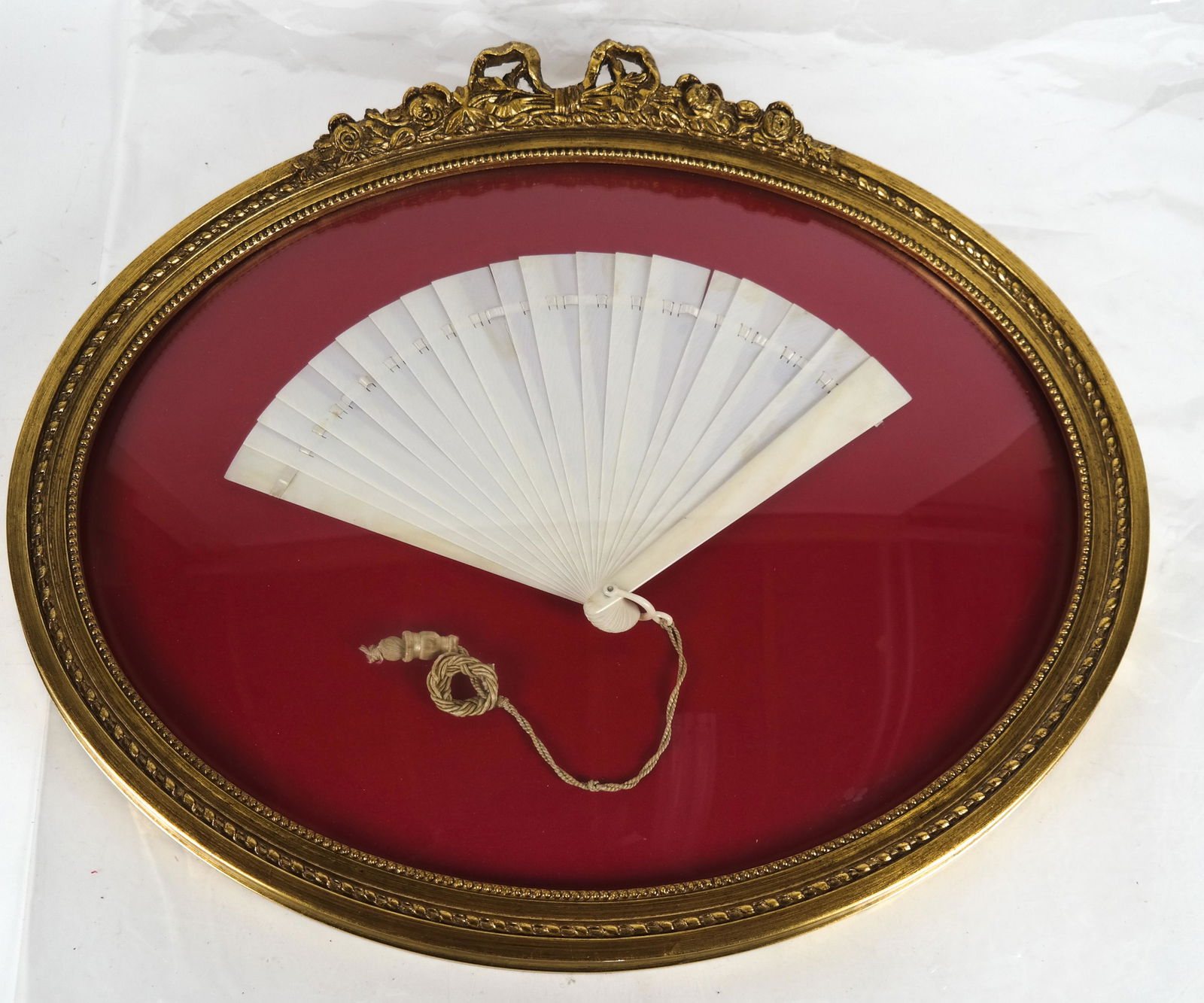 White Celluloid Brise Fan, With Tassel, Framed (1 of 3)