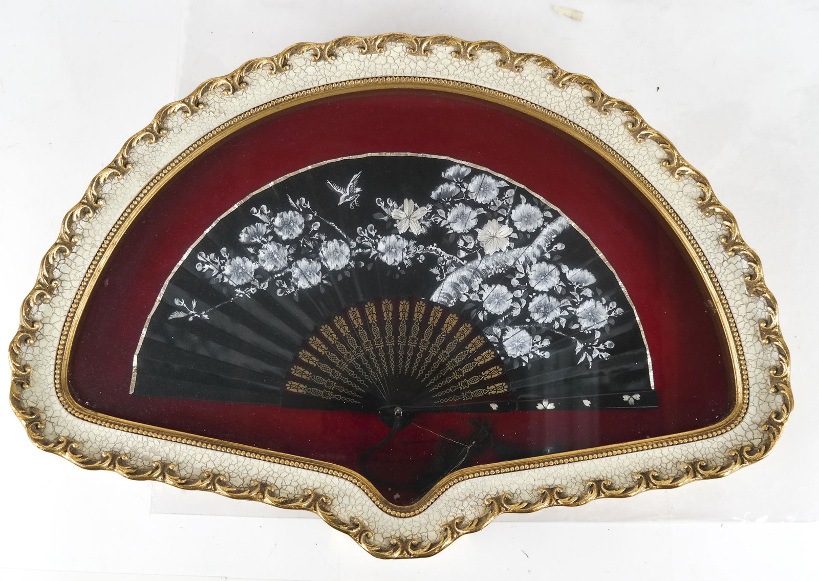 Black Floral & Gilt Silk Hand Fan, Framed (1 of 4)