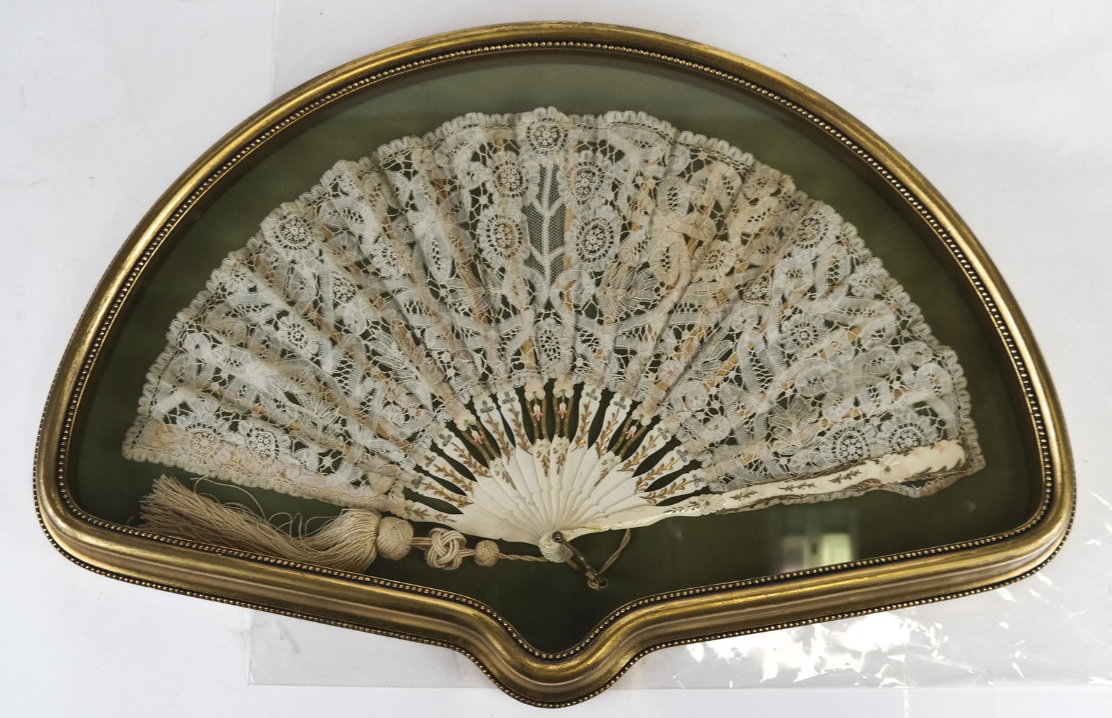 Antique Lace & Gilt Hand Fan, Framed (1 of 4)