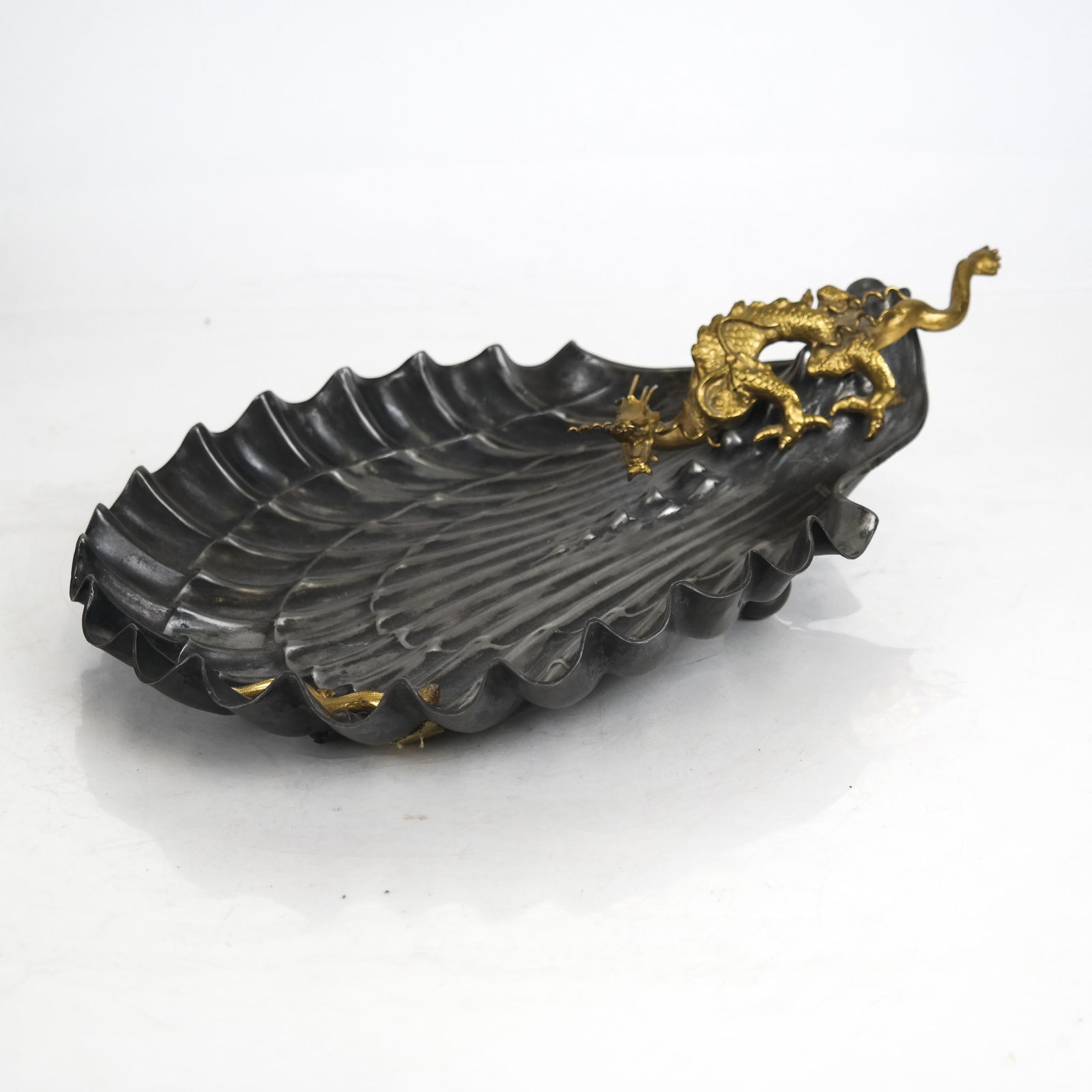 Chinese Carved Metal Clam Shell Dish with a Dragon (1 of 8)