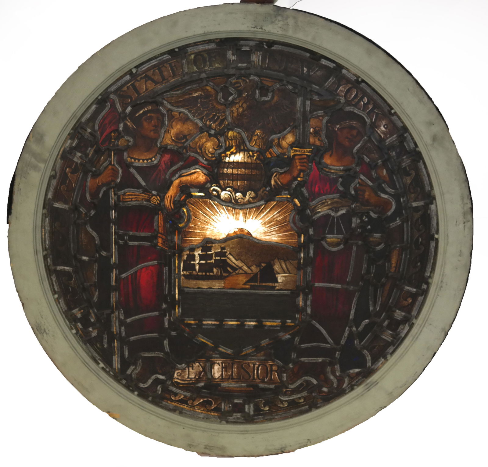 "Excelsior" Seal of NY Leaded Stained Glass Window (1 of 5)