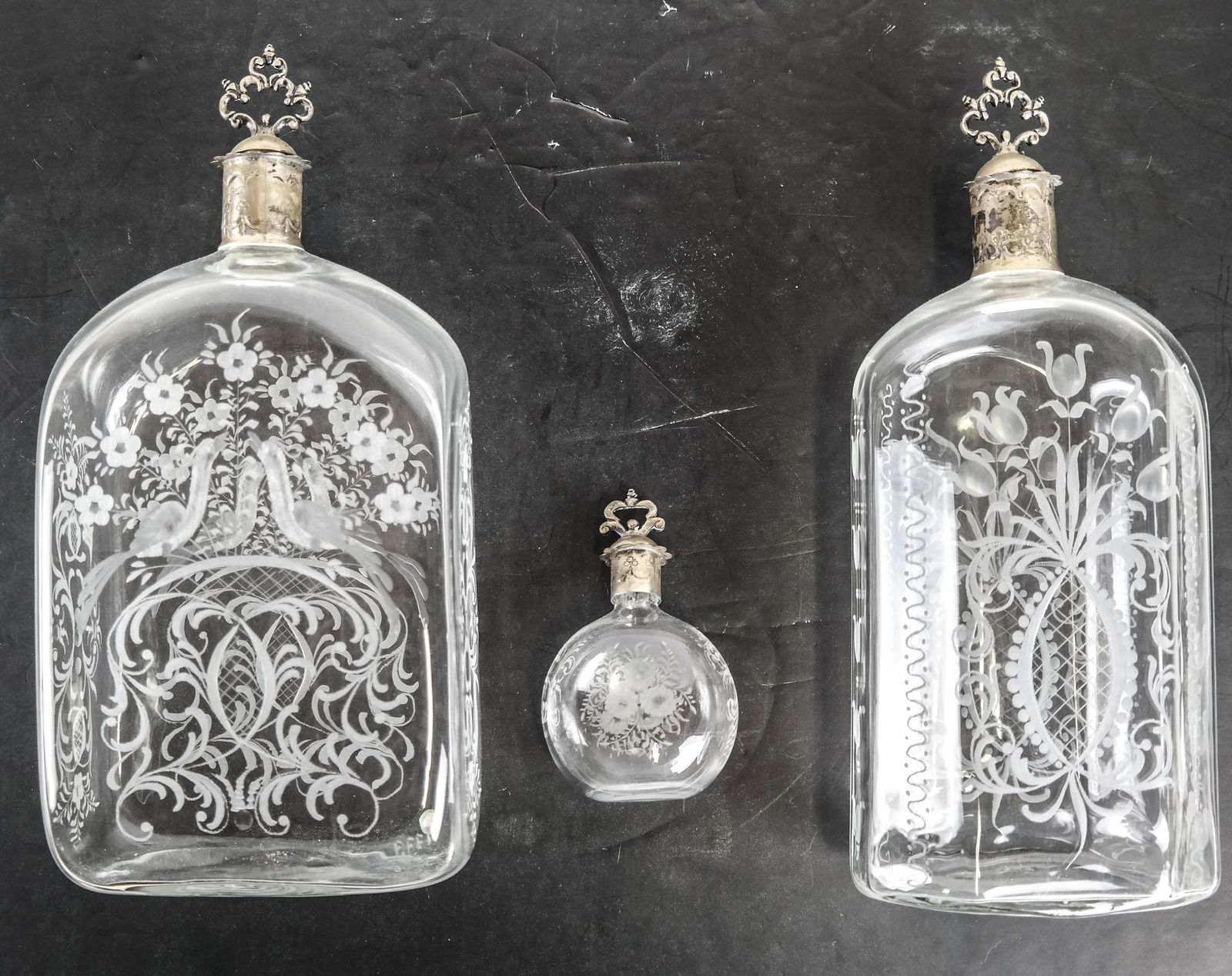 Lot of 3 Etched Glass & Silver Bottles (1 of 7)