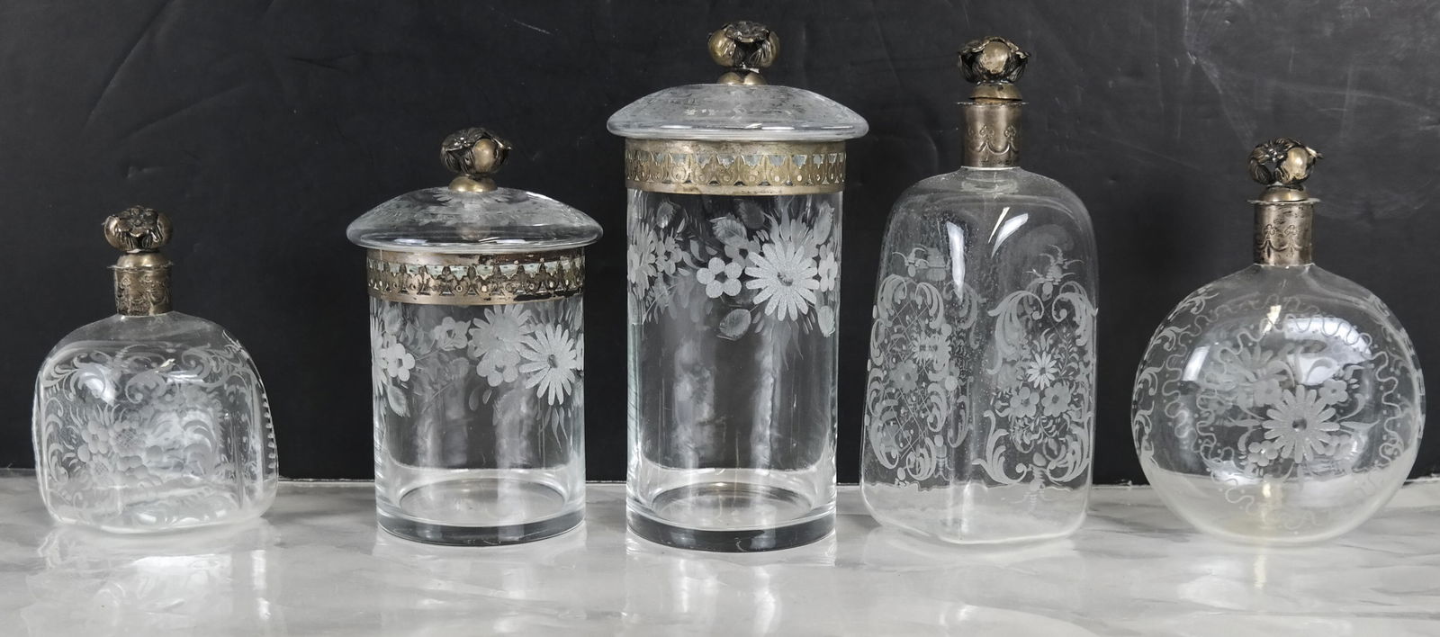 Lot of 5 Etched Glass & Silver Bottles (1 of 6)
