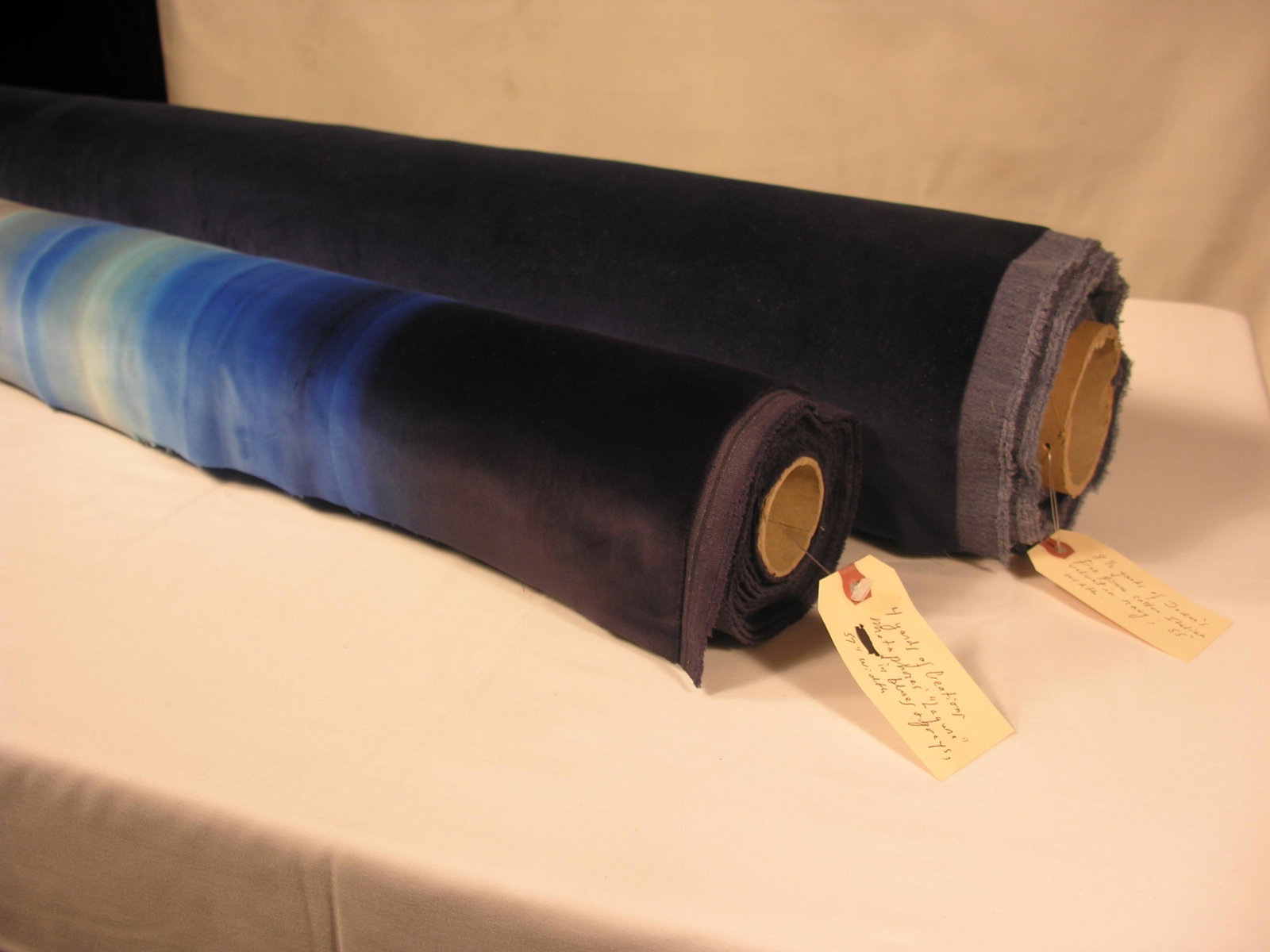 Creations Metaphores & Dedar Velvets: 1) 4 dramatic yards of Creations Metaphores hand colored, full width repeat "Lagune", vertical cotton stripe, #71253/006. The blues and grays gently bleed into one another like a fine watercolor acros