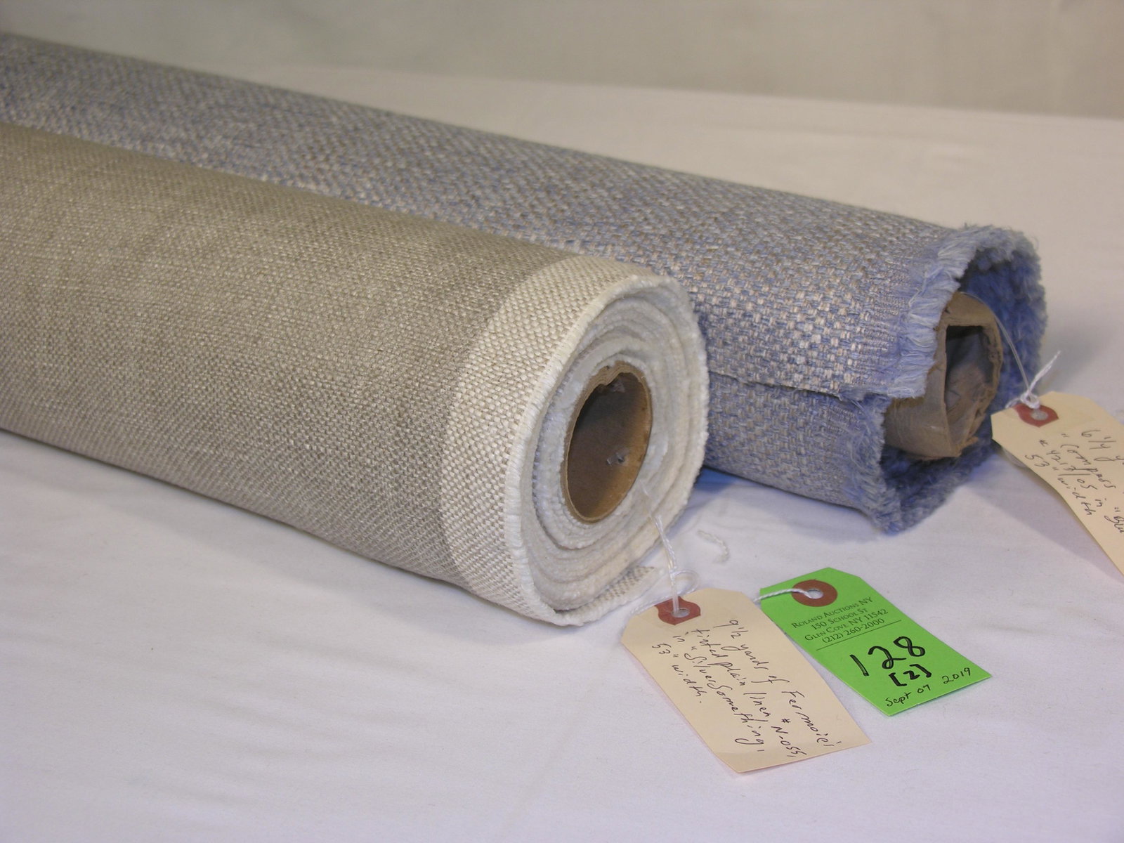 Fermoie Linen & Pollack Textured Fabrics: 1) 9½ yards of Fermoie's tinted "Plain Linen", # N-055, color "Silver Something". The 53" wide natural color is fine for windows or light duty upholstery. Color similar to Benjamin Moore paint chip #
