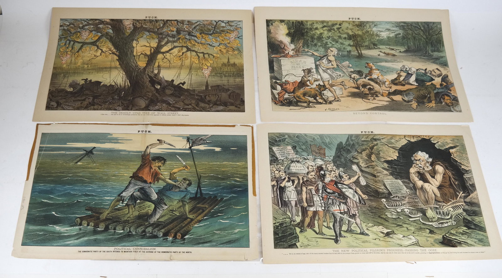 PUCK: Group of 5 Political Cartoons, Double Page: 1. Restoring the circulation - the right man in the right place; 2. The new political Pilgrim's Progress - passing the ogre; 3. Beyond control; 4. Political cannibalism; 5. The deadly Upas tree of Wal