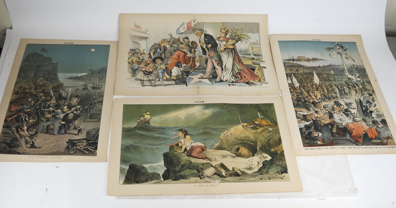PUCK: Group of 5 Political Cartoons, Double Page: 1. A sail, a sail; 2. Congressional cracksman; 3. First annual picnic of the Knights of Labor; 4. Congratulations are now in order; 5. Our robber barons. [Approx: 13 x 19 inches]. Toning; tears; good