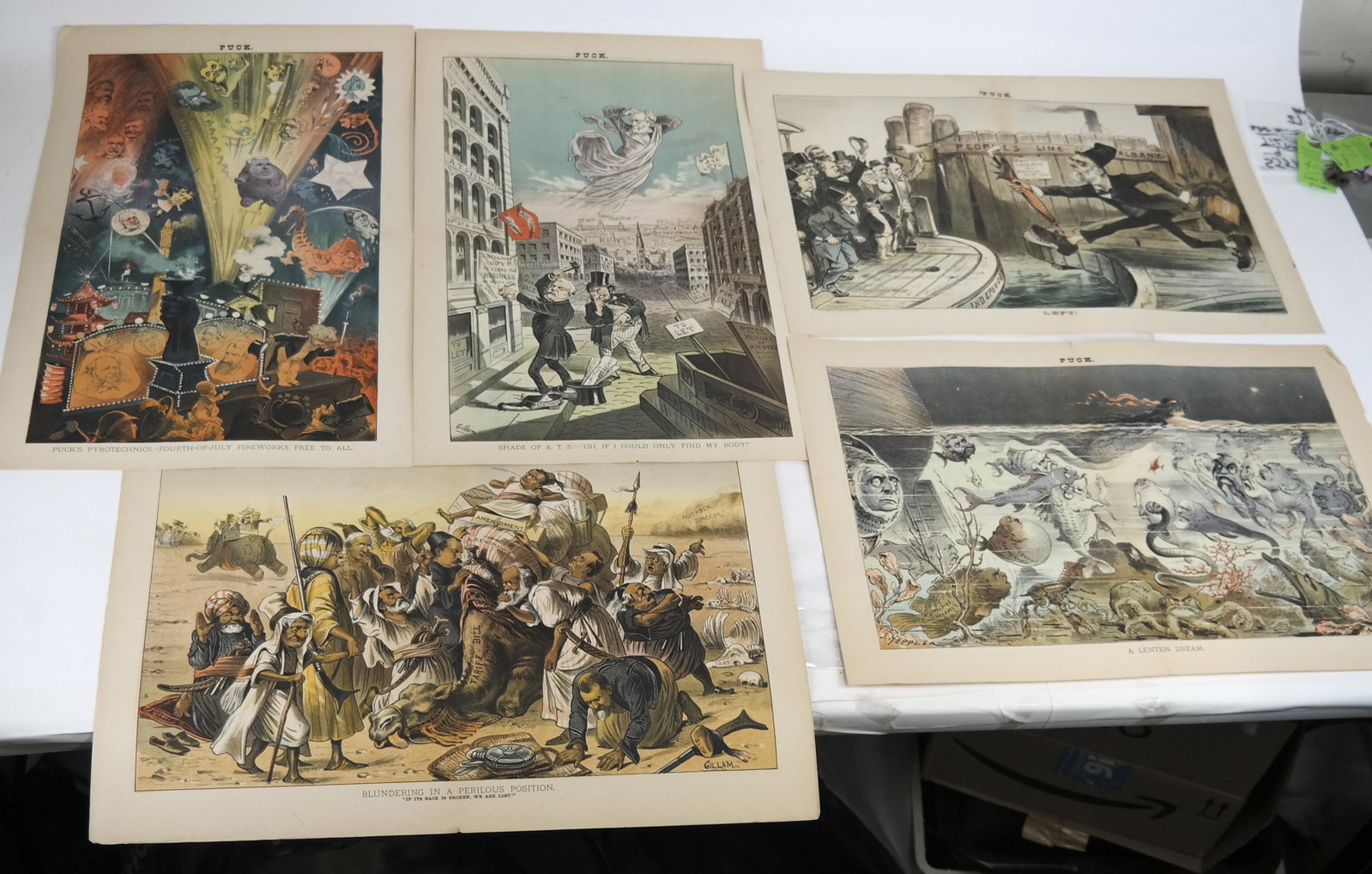 PUCK: Group of 5 Political Cartoons: 1. A Lenten dream; 2. Left; 3. Blundering in a perilous position; 4. Shade of A.T.S. - Oh, if I could only find my body; 5. Pucks Pyrotechnics - Fourth of July Fireworks, Free to All. [Approx. 13 x 19