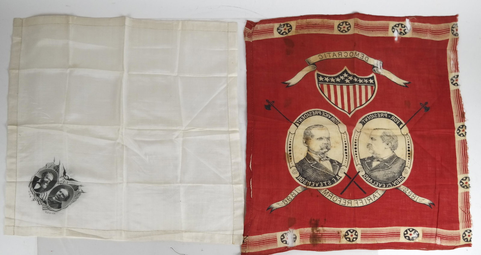 Presidential Silk Bandana: Turkey red bandana with jugate portraits of Democratic Presidential candidate Grover Cleveland and running mate Adlai Stevenson. Bears text "Democratic/Tariff Reform". 1892-1896. [20 x 18 inches]. Goo