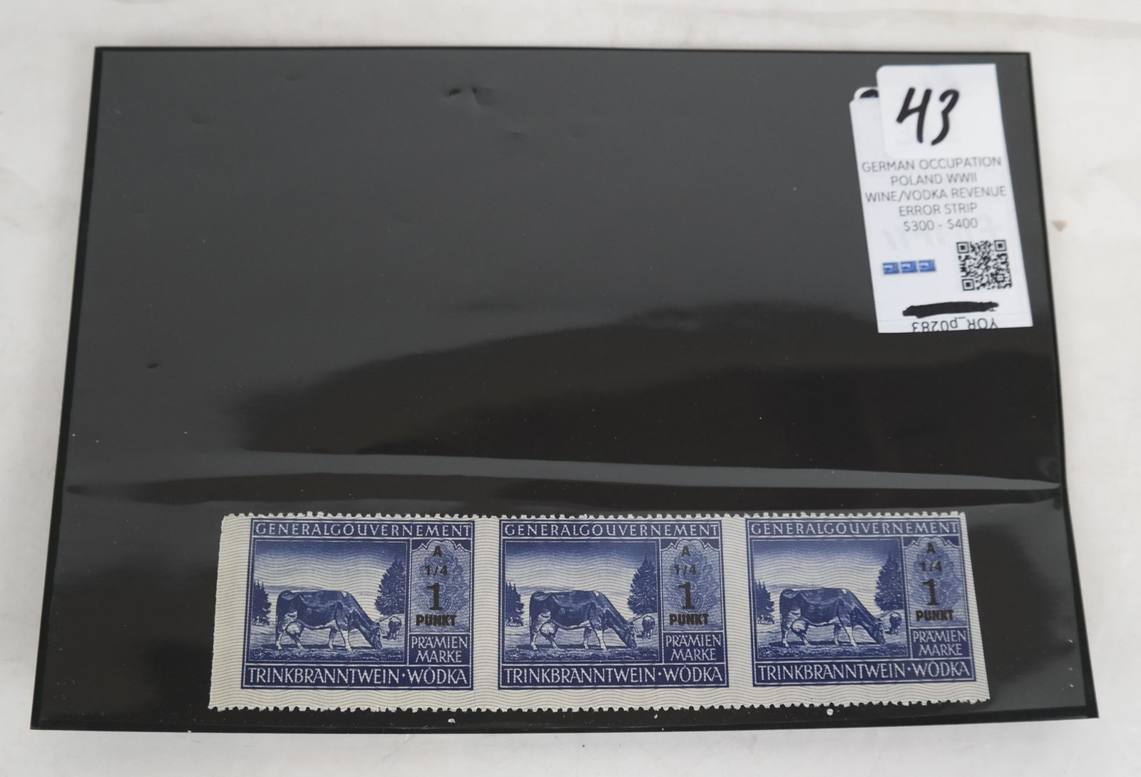 German Occ. Poland WWII Wine Vodka Error Strips: Horizontal strip of three of the 1 Punkt series A 1/4, imperforate vertically, Provenance: Dr. Alan York Estate. Unused without gum as issued; very fine.