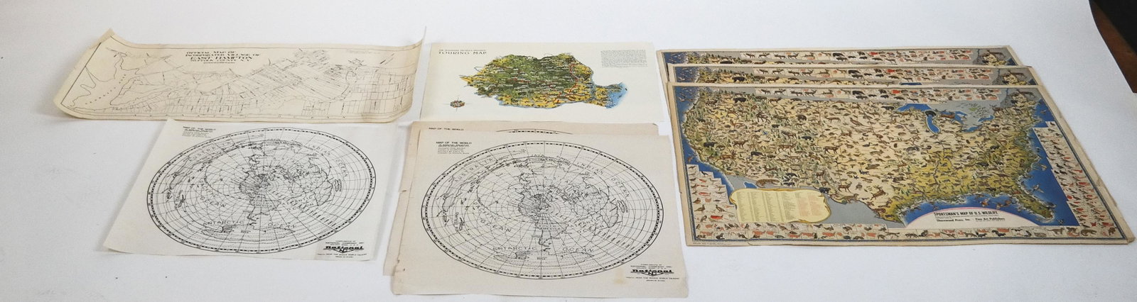 3 Sportman's Maps of US Wildlife, 1956; & Others: Maps by Ira Moss and others, one having Shorewood Press logo, 1956 [32 x 23 inches] with two others: a 30/50 Marlin logo, 1956 [32 x 23 inches] together with a 1953 East Hampton Official Map [30 x 13 