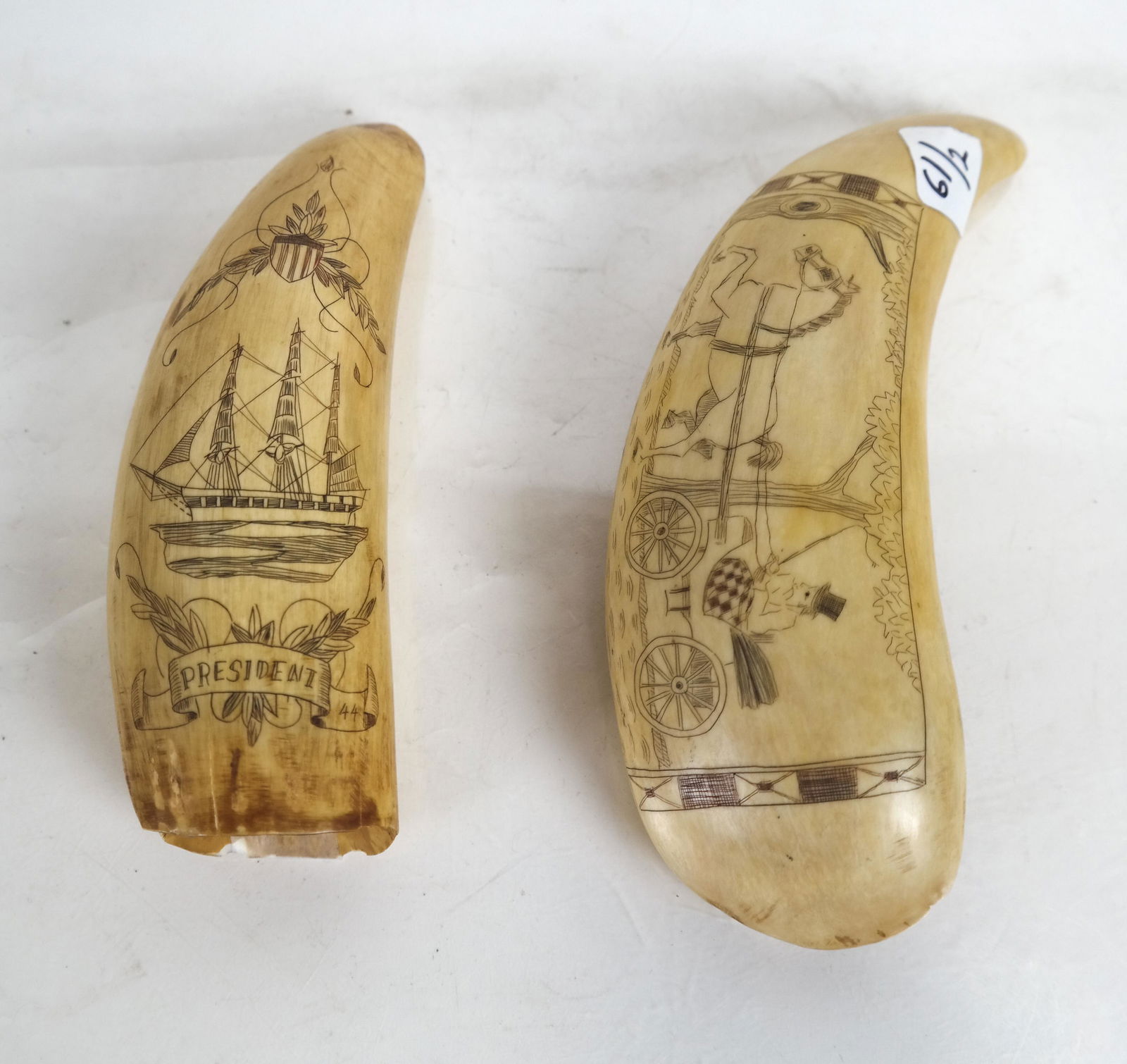 Two Scrimshaw Tooth Carvings: 1. One depicting the "President" three-masted schooner, with American coat of arms, dated '44. [5 1/2 inches]. 2 The other engraved with a coaching scene in a landscape depicting a man wearing a top h
