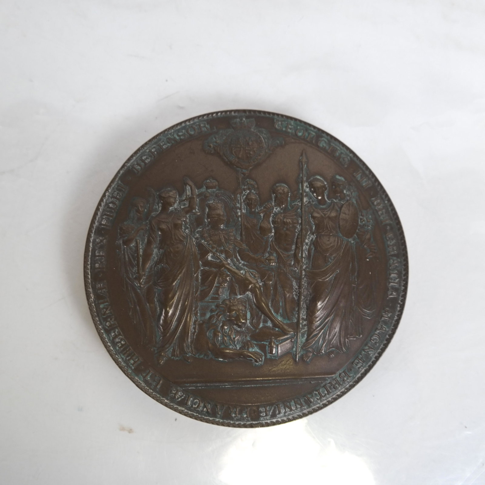 Great Britain Replica of Great Seal of King George: Great Britain Replica of Great Seal of King George III. Monarch enthroned with personifications of Britannia, Learning, Justice, Agriculture, War and Peace. Full Latin titles. Epoxy, 138.4mm, 120mm th