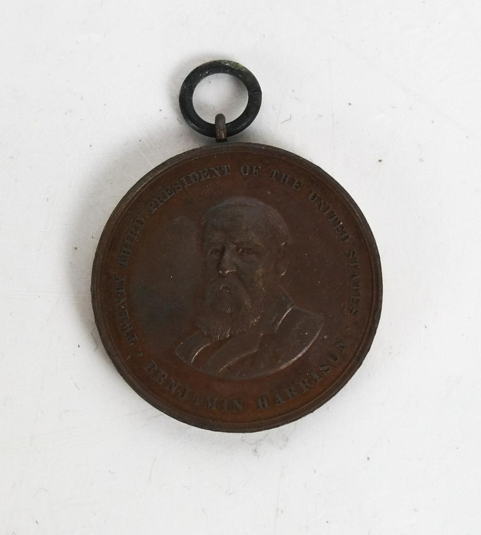 Benjamin Harrison Inaugural Chief Marshall Badge: Copper, 38.4mm, U.S. flag ribbon. BH 1889-4. MacNeil p. 46. Obverse with President’s facing bust; Reverse with name of Parade Marshal Gen. James A. Beaver. Tattered ribbon. Provenance: Dr. Alan York