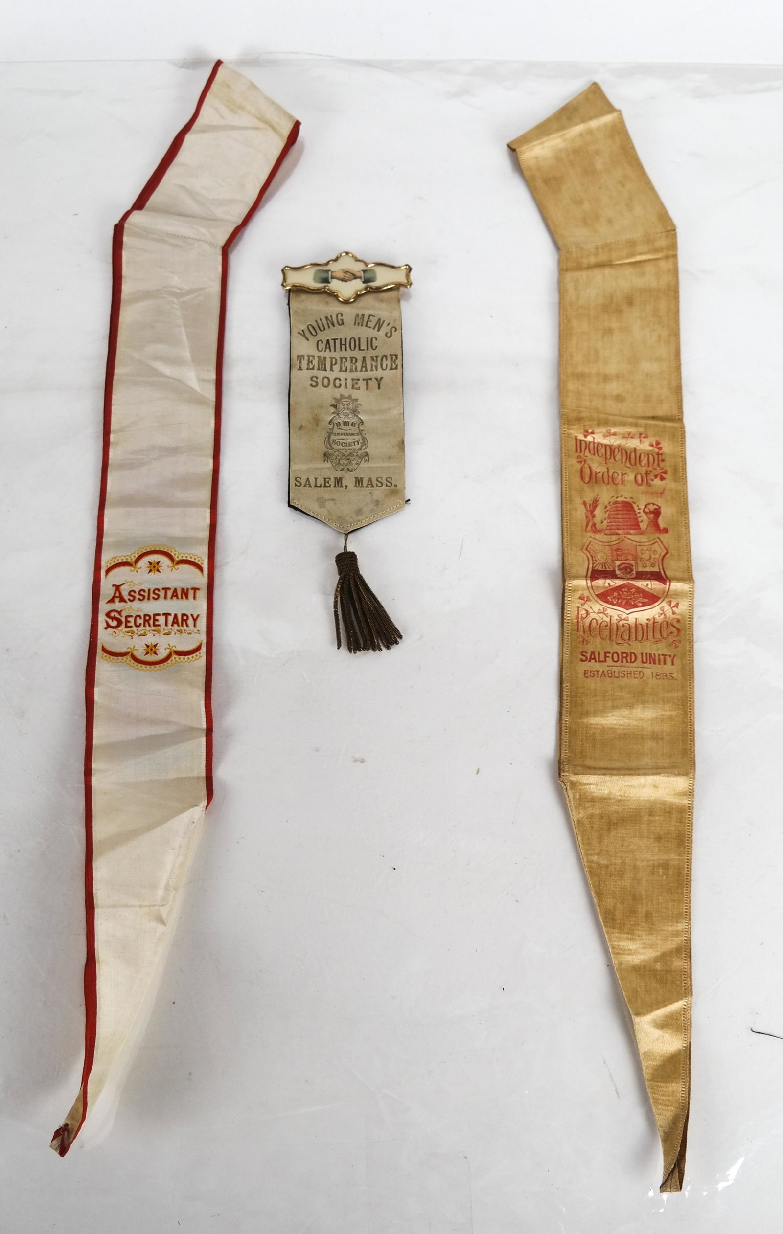 Temperance: Two Sashes, One Salem, Mass Ribbon: Two Oddfellow Temperance sashes, Salford Unity and one young mens' Catholic, Salem, Mass.