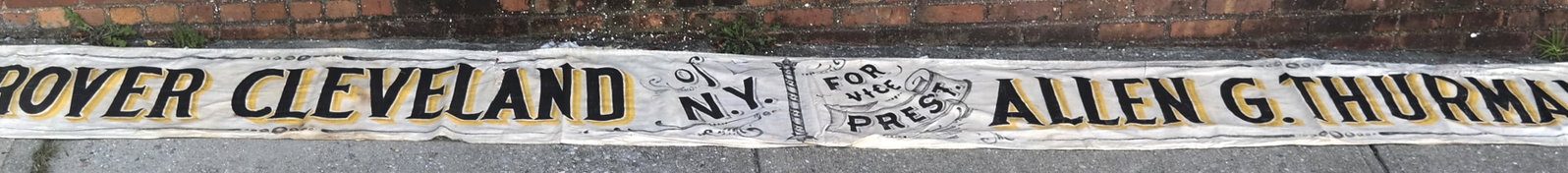 G. Cleveland & A.G. Thurman Huge 1888 Campaign Ban: Monumental double-sided, hand-painted, linen 1888 campaign banner supporting Democratic presidential candidate Grover Cleveland and running mate Allen G. Thurman. Original hems hand-stitched. Reads: "