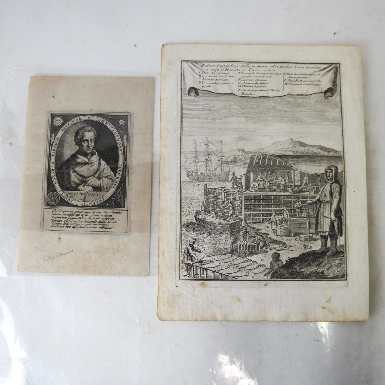 2 Engravings: Jonathan Theodor de Bry, Other: Two Early Engravings: 1. Jonathan Theodor de Bry's "Primus Novarum Terranum Detector Christophorus Columbus Genuensis". [Plate: 5 1/4 x 3 3/4 inches]; 2. Another depicting a fishing port with fresh ca